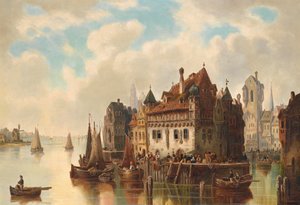 Vista fantástica de una ciudad en el río de Ludwig Hermann